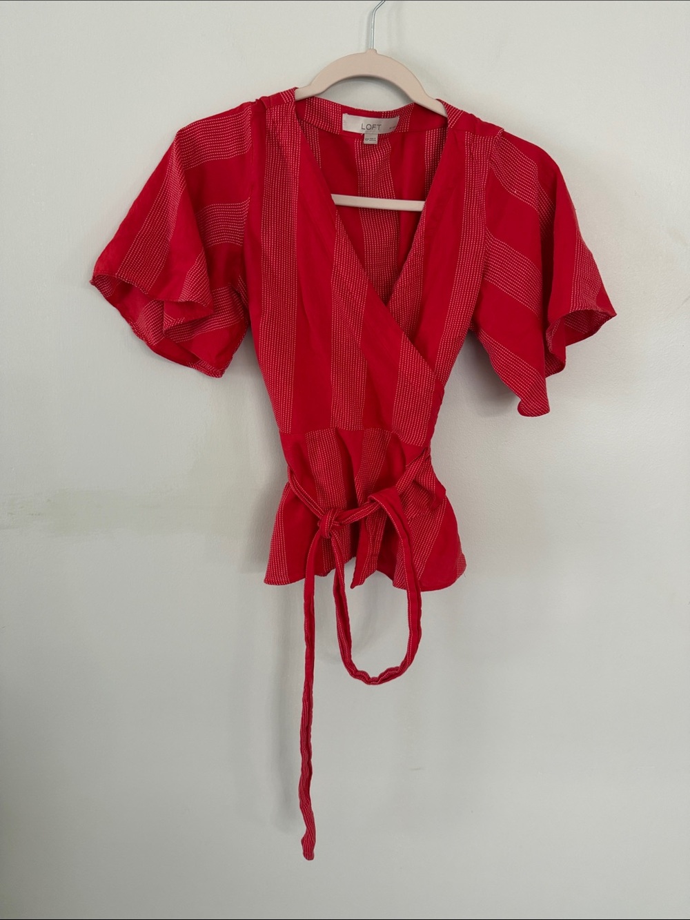 LOFT Red Striped Wrap Tie-Waist Blouse